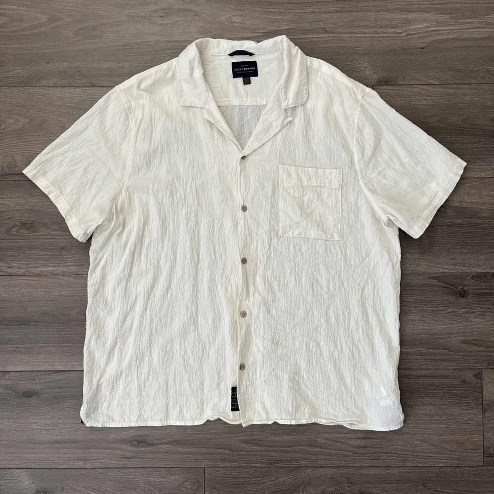 Lucky Brand Mens XL Button Up Short Sleeve Cream Ivory